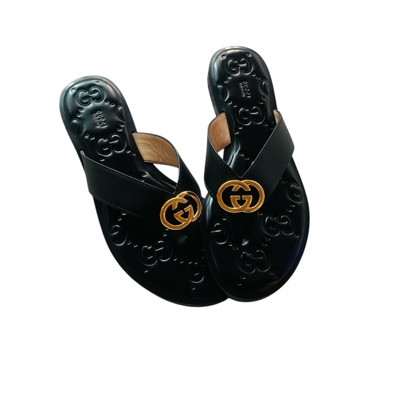 Gucci Lifford Interlocking Thong Leather Black Slides - Picture 1 of 4